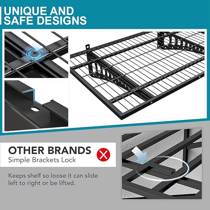 4-Pack 2×3ft(24×36 inch) Garage Wall Shelving, 1000 lbs Load Capacity, Garage Wall Mounted Shelves, Heavy Duty Shelf with Hooks, Black