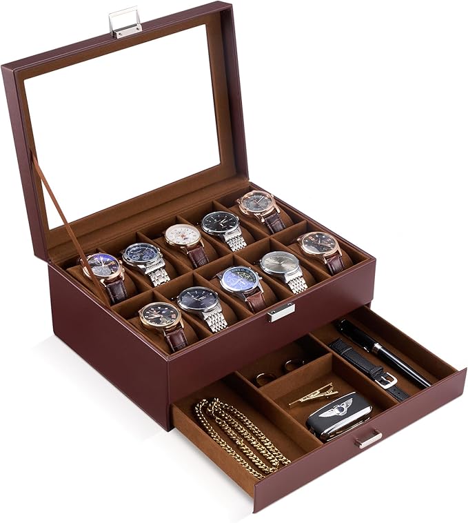 ProCase Watch Box, 10 Slot Watches Display Case with Drawer, Mens Watch Case with Glass Lid, 2-Layer Mens Jewelry Organizer Storage Holder, Birthday Valentine Gifts for Men -10 Slot, Espresso