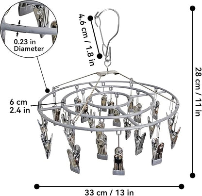 Stainless Steel Laundry Drying Rack Clothing Sock Drip Clothes Drying Hanger with 24 Clips, Swivel Windproof Hook Round Heavy Duty Underwear Hanger for Indoor Outdoor Wet and Dry (Grey)