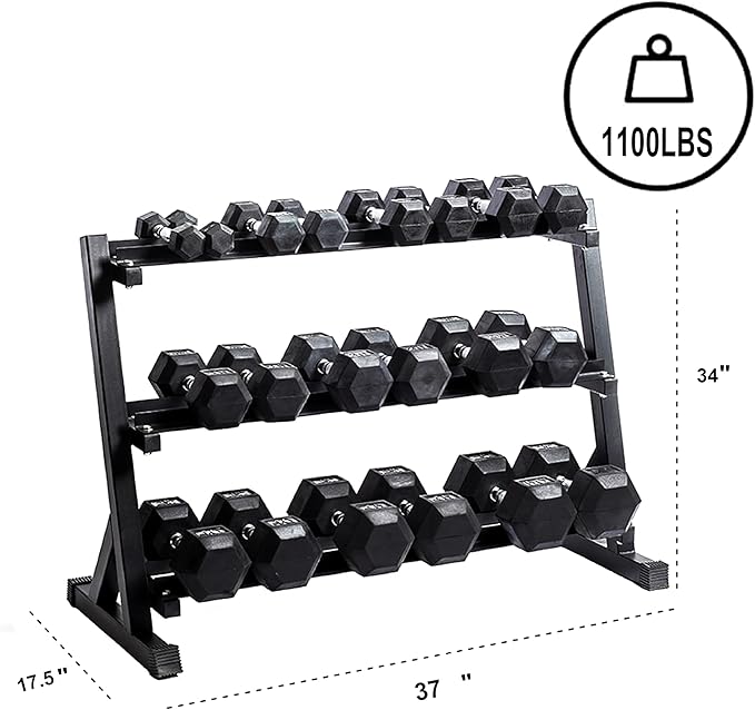 Dumbbell Rack Adjustable 3-Tier Weight Stand for Home Gym, 1100LB Capacity Heavy Duty Weight Storage Rack for Dumbbells, Kettlebells