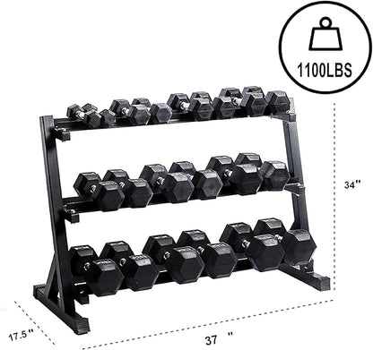 Dumbbell Rack Adjustable 3-Tier Weight Stand for Home Gym, 1100LB Capacity Heavy Duty Weight Storage Rack for Dumbbells, Kettlebells