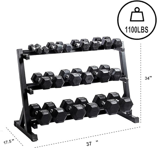Dumbbell Rack Adjustable 3-Tier Weight Stand for Home Gym, 1100LB Capacity Heavy Duty Weight Storage Rack for Dumbbells, Kettlebells
