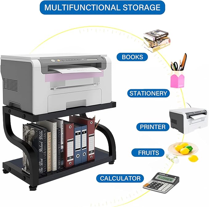 PUNCIA 2 Tiers Wood Black Home Office Desktop Printer Stand Laser Printer Copier Stand with Storage Tabletop Heavy Duty Rack Desk Organizer Shelf Dual for Small Space Double Tiers Tray