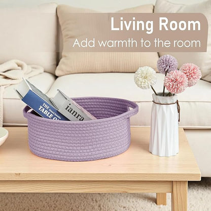 Woven Basket,Small Rope Storage Bin with Handles & Ribbon Bag, Organizer for Shelves Closets,Gift Basket Empty for Birthday,Books,Dog Toys, Purple/3 Pack