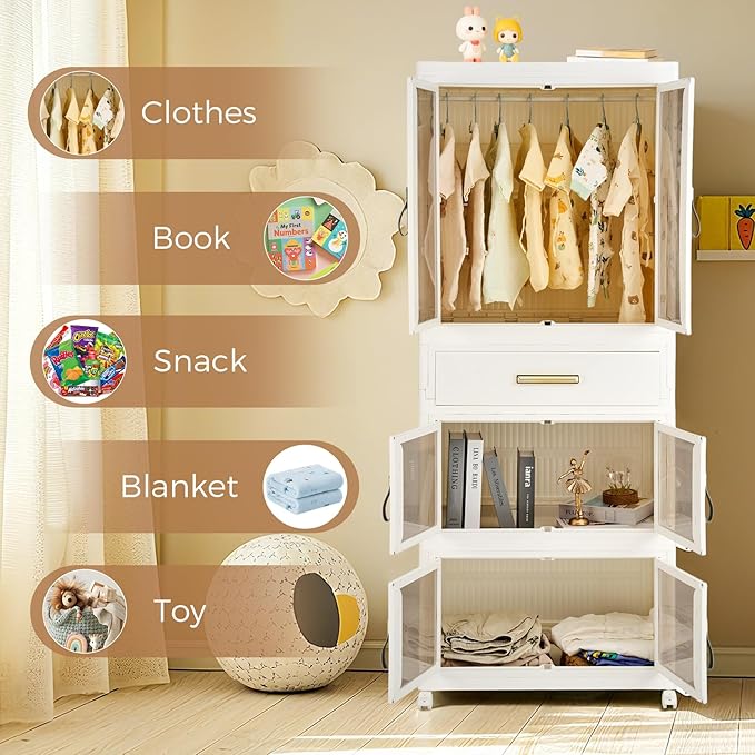 YHB Portable Storage Closet Cabinet, Easy Assembly Wardrobe Organizer with Visualization Doors, Drawers, Hanging Rods, Rolling Wheels for Pet Dog Clothes, Toys, etc for Thanksgiving & Christmas Day