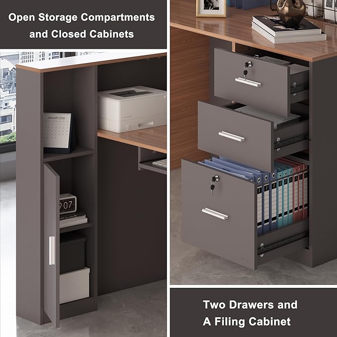 L-Shaped Reception Desk with Lockable Drawers, Adjustable File Cabinet & Keyboard Tray, Modern Front Counter for Office, Salon, or Lobby (Left-L Walnut/Slate Gray, 70.9''L x 23.6''W x 41.3''H)