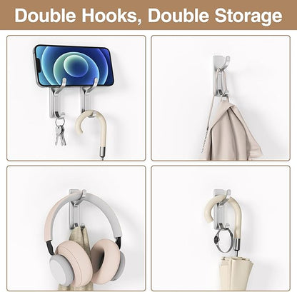 pickpiff Adhesive Wall Coat Hooks - Heavy Duty Stick-On Door Hanger, Metal Hook for Hanging Towel,Purse, Robe, Backpack, Jacket, Clothes - for Bathroom,Dorm, Closet, Kitchen - Silver, 10 Pack