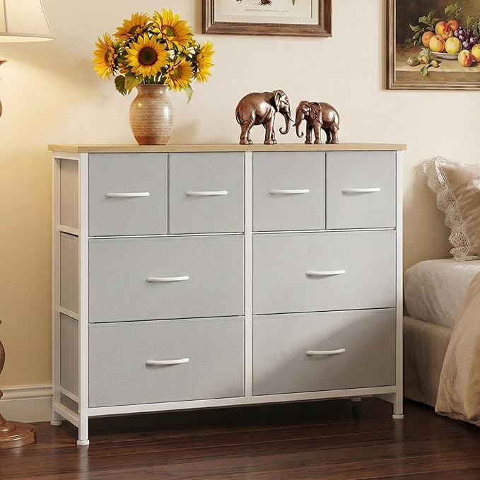 DUMOS TV Stand, Dresser with 8 Fabric Drawers, Spacious Storage Tower for Closet, TV Stand with Wood Top and Mental Frame, Storage Unit for Living Rooms, Bedroom and Entryway, Light Grey