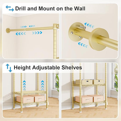 Ulif M2 Wall-Mounted Clothes Rack, Metal Closet System with 4 Expandable Hanger Rods and 5 Metal Shelves, Mount-on-Wall Clothing Storage Organizer in (70.8-102.3)" L x 14.5" D x 71.2" H, Gold