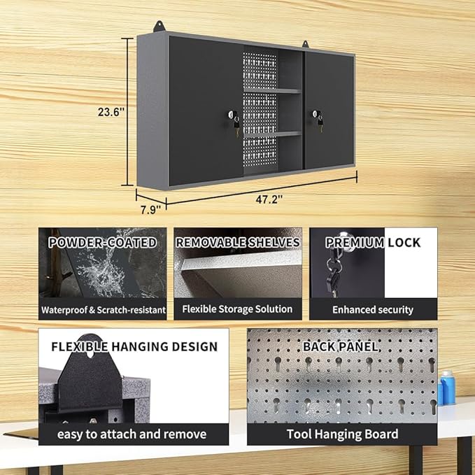 Large Steel Hanging Cabinets, Wall Mounted Chest with Lockable Doors for Garage Basement Utility Room