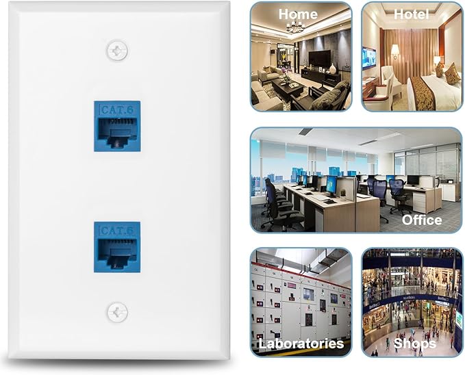 2 Pairs Ethernet Wall Plate Cat6 2 Port Keystone Jack Wall Plate with RJ45 Coupler Outlet Connector and Single Gang Low Voltage Mounting Bracket
