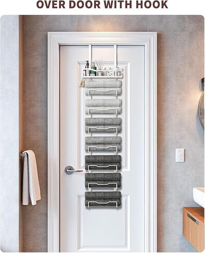 Hanging Towel Racks for Bathroom No Drill - Over The Door 8-Tier Bath Towel Storage Organizer for Small Bathrooms - Back Door Large Tiered Towel Holder Hanger for Rolled Towels RV Camper White
