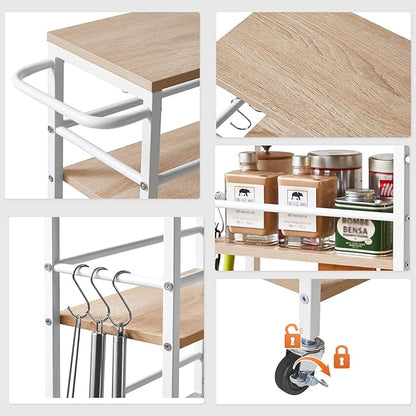 IBUYKE 7.8" Slim Rolling Cart,4 Tier Metal Kitchen Laundry Storage Cart,Industrial Narrow Utility cart,Trolley with Handle and Wooden Tabletop,for Kitchen, Living Room,Bathroom,Natural UTMJ065R