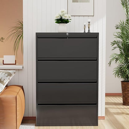INTERGREAT 4 Drawer File Cabinet, Lateral File Cabinet with Lock, Metal Office Filing Cabinet with Adjustable Frame for Legal, Letter, A4 Files, Fast Assembeld, Black