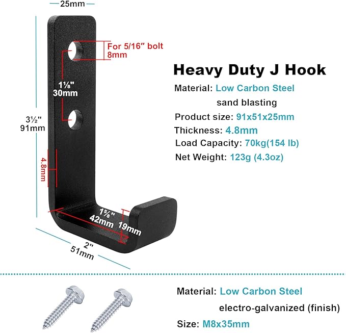 4 Pack 3-1/2" Heavy Duty Steel J Hook, Wall Mount Utility Hook for Hanging Home Gym Garage Storage, Black