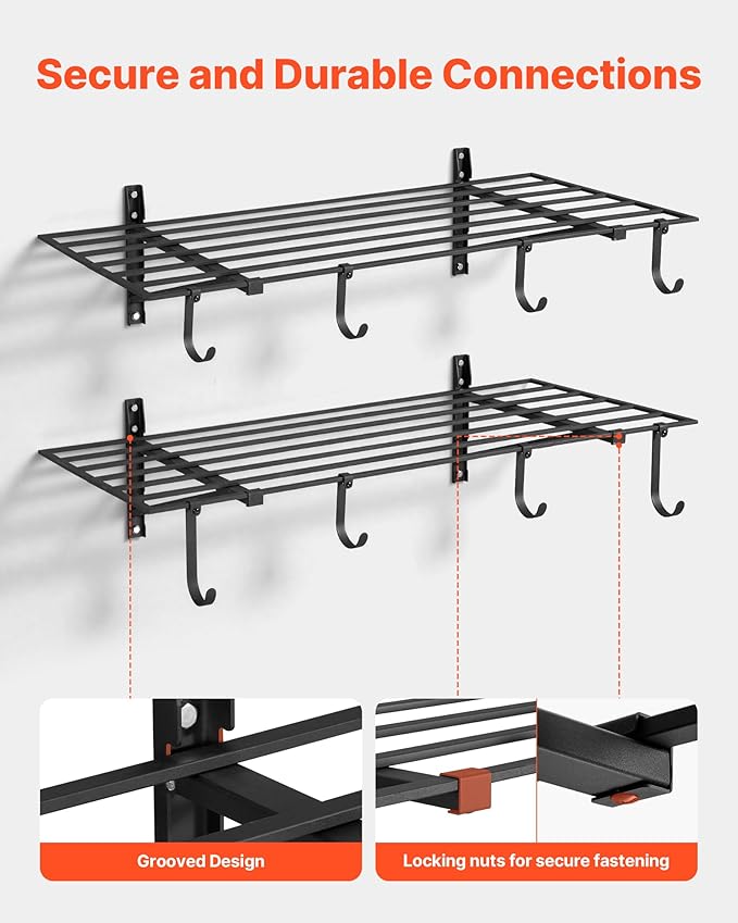 VEVOR 2-Tier Heavy Duty Wall Garage Shelving, 2 x 4 ft Steel Wall Mounted Shelving Unit with Hooks, 24 x 48 Inch Per Shelf Floating Storage Metal Rack for Garage, 520 lbs Total Weight Capacity, Black