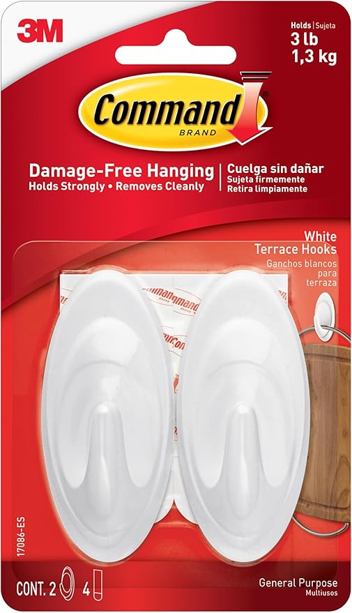 Command Indoor Terrace Hooks, 2 Hooks and 4 Strips, Damage-Free Hanging Wall Hook with Adhesive Strips, No Tools Great for Hanging, Organization and Storage, Holds up to 3 lb