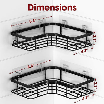 Corner Shower Caddy - 2 Pack, Adhesive Shower Organizers, Rustproof Stainless Steel Shower Shelves with 8 Hooks, No Drilling Bathroom Organizers and Storage Racks, Space-Saving, Black, Large