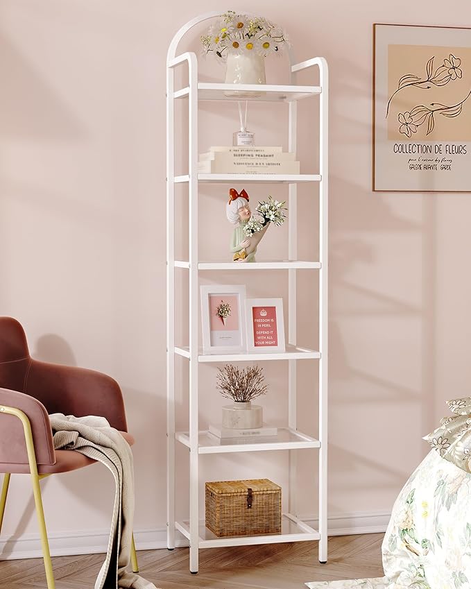 Bookcase Bookshelf, Tempered Glass Bookshelves, Slim Shelving Unit for Bedroom, Bathroom, Home Office, Steel Frame, 6 Tier White BC10699W