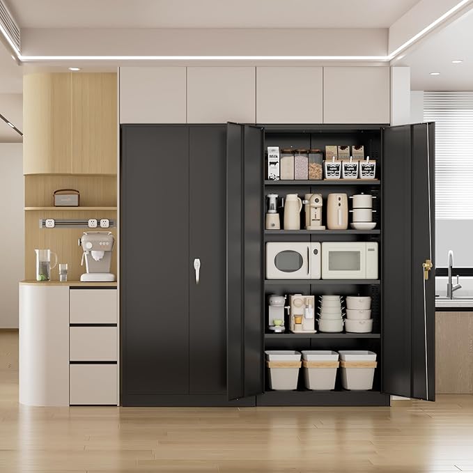 Pataku Metal Storage Cabinet, 72" Garage Cabinet with Doors and Shelves Lockable Steel Multifunctional Cabinets, Black File Cabinets for Home, Office, Garage, Warehouse(Black)