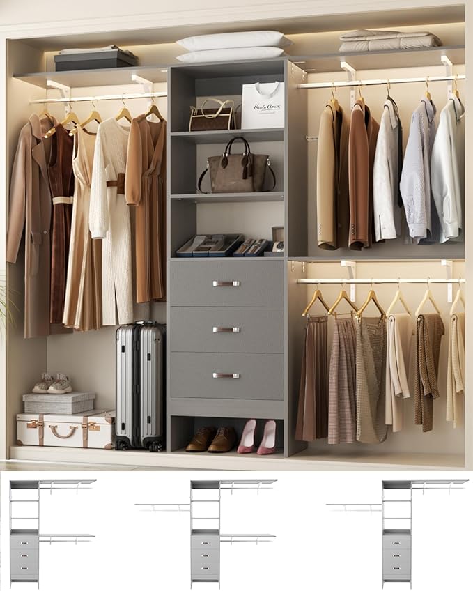 Closet System with 3 Drawers - 8FT Wood Closet Organizer with 3 Shelving Tower & Hanging Rods, 96" Walk-in Wardrobe Closet Organizer System for 4-8FT Spaces, Heavy Duty Garment Clothes Rack, Grey