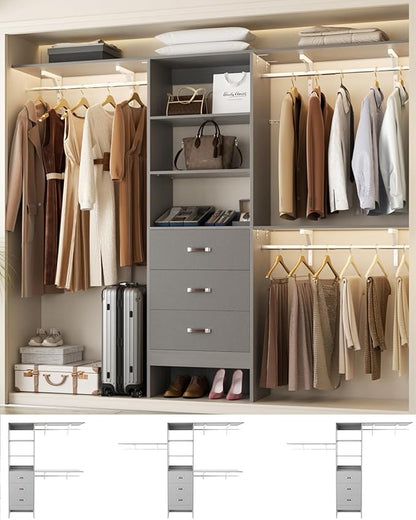 Closet System with 3 Drawers - 8FT Wood Closet Organizer with 3 Shelving Tower & Hanging Rods, 96" Walk-in Wardrobe Closet Organizer System for 4-8FT Spaces, Heavy Duty Garment Clothes Rack, Grey