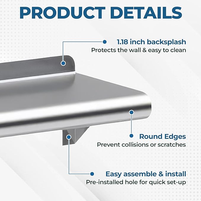 NSF Certified 18 Gauge Heavy Duty Stainless Steel Wall Shelf with Brackets for Kitchens, Utility Rooms, Storage, Offices & Home (48"x6")