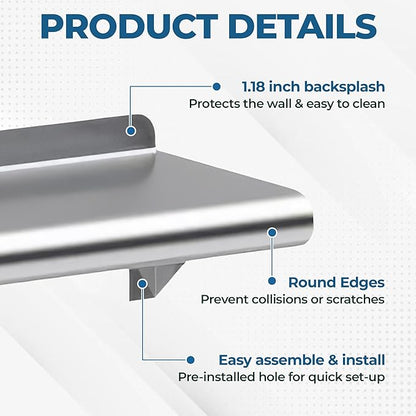 NSF Certified 18 Gauge Heavy Duty Stainless Steel Wall Shelf with Brackets for Kitchens, Utility Rooms, Storage, Offices & Home (48"x6")