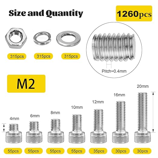 1260pcs M2 Screw Assortment kit, M2*4mm/6mm/8mm/10mm/12mm/16mm/20mm 304 Stainless Steel Hex Socket Head Cap Screw Bolts Nuts Flat & Lock Washer Set