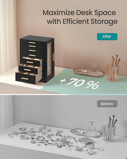 SONGMICS Jewelry Box 360° Rotating, Jewelry Storage Case with 7 Drawers, Jewelry Organizer, Glass Window, Spacious, Vertical Jewelry Storage, Open Design, Great Gift, Ink Black UJBC201B01