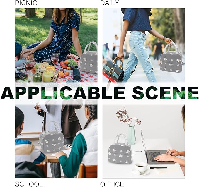 Sonuimy Insulated Lunch Bag Women Girls, Reusable Cute Tote Lunch Box for Adult & Men, Leakproof Cooler Lunch Bags for Work Office Travel School Picnic (Grey with White Daisy)