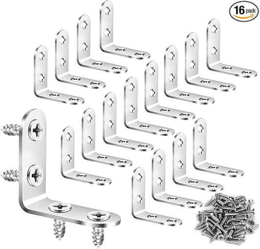16pcs L Brackets 90 Degree Shelf Bracket Right Angle Corner Braces Stainless Steel Furniture Anchors Waterproof Mounting Fasteners with 64pcs Screws for Wood Connections and DIY Supports