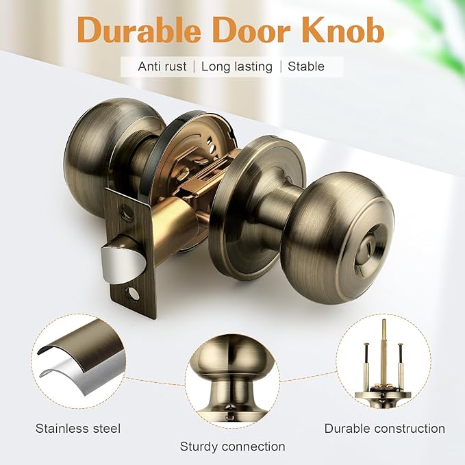 Probrico Bed/Bath Keyless Privacy Interior Door Knobs, Antique Brass Door Knobs 10 Pack