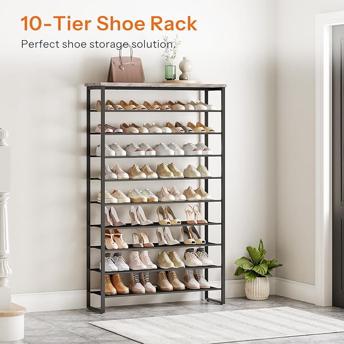 HOOBRO 10-Tier Shoe Rack for Entryway, 39.4" L Shoe Storage Organizer, Large Capacity Shoe Shelf for Closet, Front Door Entrance, Hallway, Holds 45-50 Pairs of Shoes, Greige and Black BG171XJ01