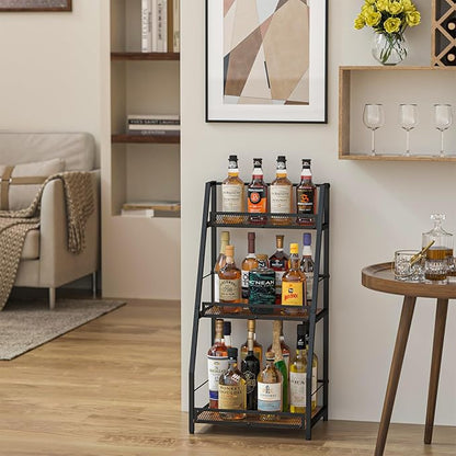 3-Tier Liquor Stand for Home Bar, Stepped Wine Rack Freestanding Floor for Liquor Whiskey Wine, Versatile Corner Wine Bottle Display Stand with Fences, Vintage Brown, Safe Height for Kids & Pets