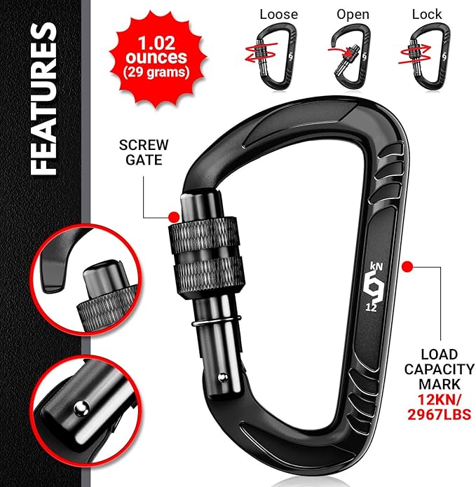 12kN (2697 lbs) Heavy Duty Carabiner Clips, for Securing Pets, Outdoor, Camping, Hiking, Hammock, Dog Leash Harness, Keychains
