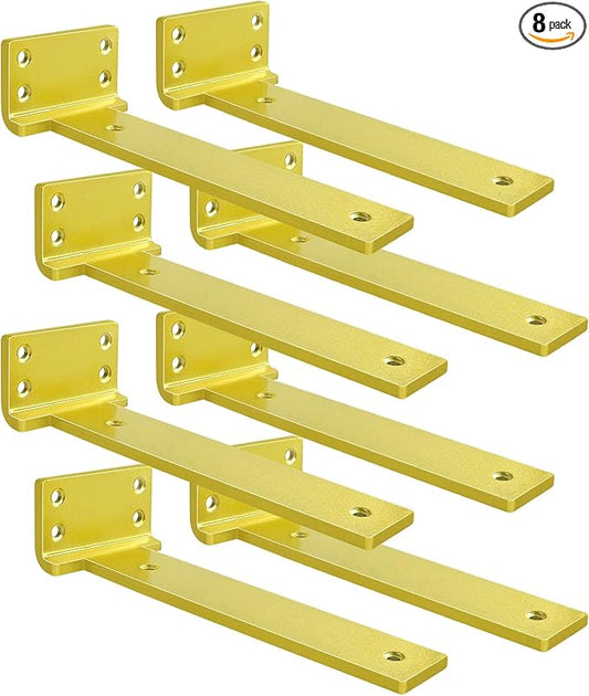 Floating Shelf Brackets 12 inch 8 Pack L Brackets for Shelves Gold Metal Heavy Duty Shelf Bracket for DIY Decorative with Mounting Hardware