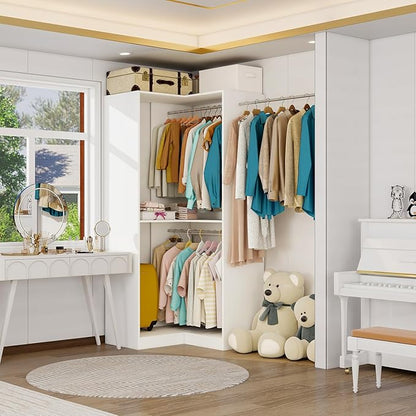 Corner Closet System with 3 Hanging Rods, 30.8”-70.2” L Shaped Freestanding Closet Organizer for Walkin Closet, Corner Wardrobe, White