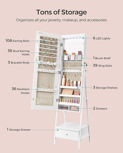 SONGMICS LED Mirror Jewelry Cabinet Standing, Lockable Jewelry Armoire with Full-Length Mirror, Space-Saving Jewelry Organizer with Mirror, Drawer and Shelf, Gift Idea, Cloud White UJJC025W01