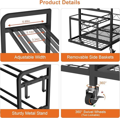 Dumbbell Rack, Adjustable Weight Rack for Home Gym Storage with 4 Wheels, Side Basket, Hooks, Multipurpose Metal Dumbbell Stand for Kettlebells, Yoga Gear, Strength Training Equipment, Black
