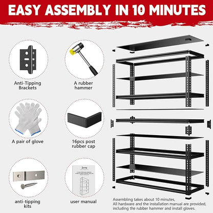 Garage Shelving Heavy Duty 3000LBS - 5-Tier Boltless Shelving Units for Garage, No Sag Garage Storage Rack for Garage Basement/Warehouse (72" H×45.2" W×18.9" D)