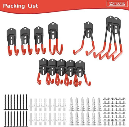WALMANN 12 PCS Garage Storage Hooks, Wall Mount Utility Hooks for Tools, Ladders, Cords, Folding Chairs, Shovels and Rakes, Shelving Hooks for Keyhole Shelving Units