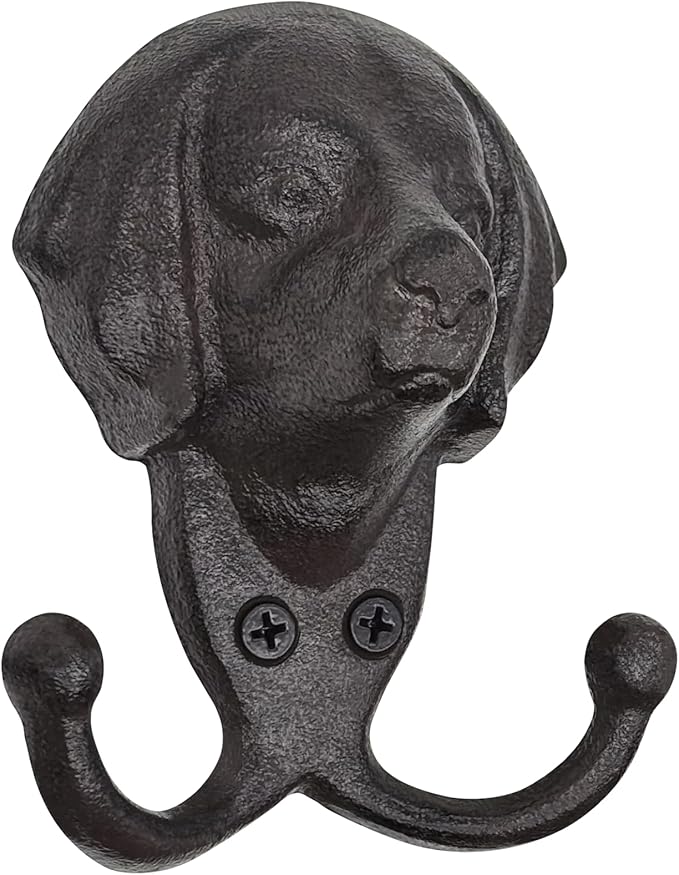 Cast Iron Wall Hooks - Rustic Dog Head Leash Holder, Wall Mount Coat Hooks, Heavy Duty Double Key Hook, Decorative Vintage Hanger for Entryway, Mudroom, Farmhouse Animal Decor 1 Pack