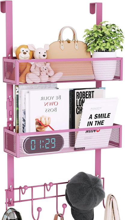 Consumest Over The Door Hooks Organizer - Extra Long Door Hanger with 9 Coat Hooks & 2 Mesh Basket, Back Storage Organizer Hanging Towels for Bathroom, Bedroom - Pink (for 1.76 in Doors)
