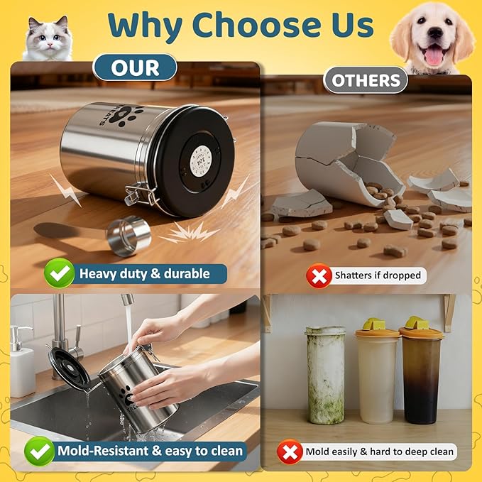 Dog Treat Container Airtight- 7.2"x4.7" /1.8L Stainless Steel Cat Treat Jar for Kitchen Counter with Scoop, Pet Storage for Fresh Dog Cookie