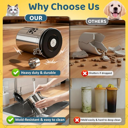 Dog Treat Container Airtight- 7.2"x4.7" /1.8L Stainless Steel Cat Treat Jar for Kitchen Counter with Scoop, Pet Storage for Fresh Dog Cookie