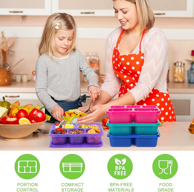 Bento Box Adult - Snack Box Containers 4 Pack, 5 Compartment Lunchables Containers for Kids/Adults, Meal Prep Container Reusable for Travel (Colorful)