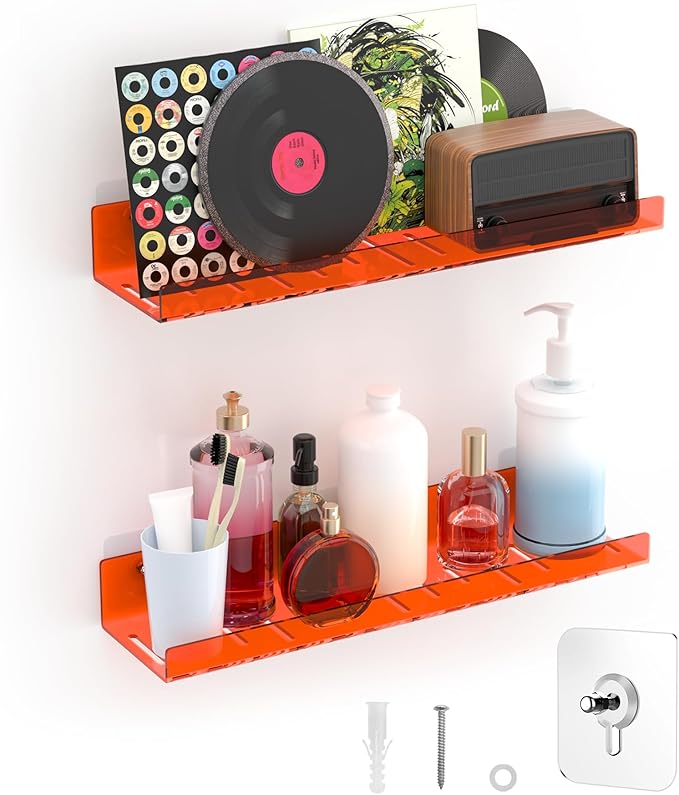 2 Pack Floating Shelves– 15'' Orange Acrylic/PET Wall-Mounted No Drill Storage with Adhesive, Bathroom & Bedroom Shelving for Kitchen, Living Room, Home Decor