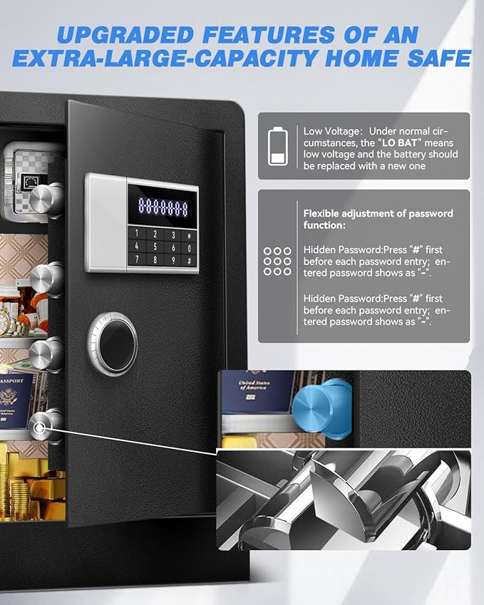 8.5 Cu Ft Super Large Fireproof Waterproof Safe Box for Office Document- HIDDEN LOCK BOX, Heavy Duty Steel Home Safety Box with Light, Dual Key System, Two Removable Shelf, Personal Combination Safe