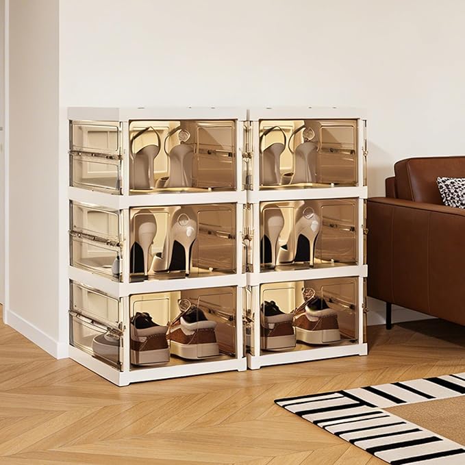 Foldable Collapsible Shoe Box Organizer Rack – 3 Tier Stackable Clear Sneaker Storage Boxes with Lids, Folding Shoe Cabinet Shelf, Plastic Portable Storage Bins with Easy Assembly for Closet Entryway